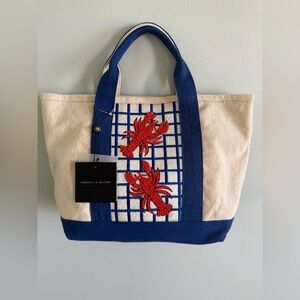 NWT LOBSTER Cotton Beaded Tote Bag Navy White Beach Nautical